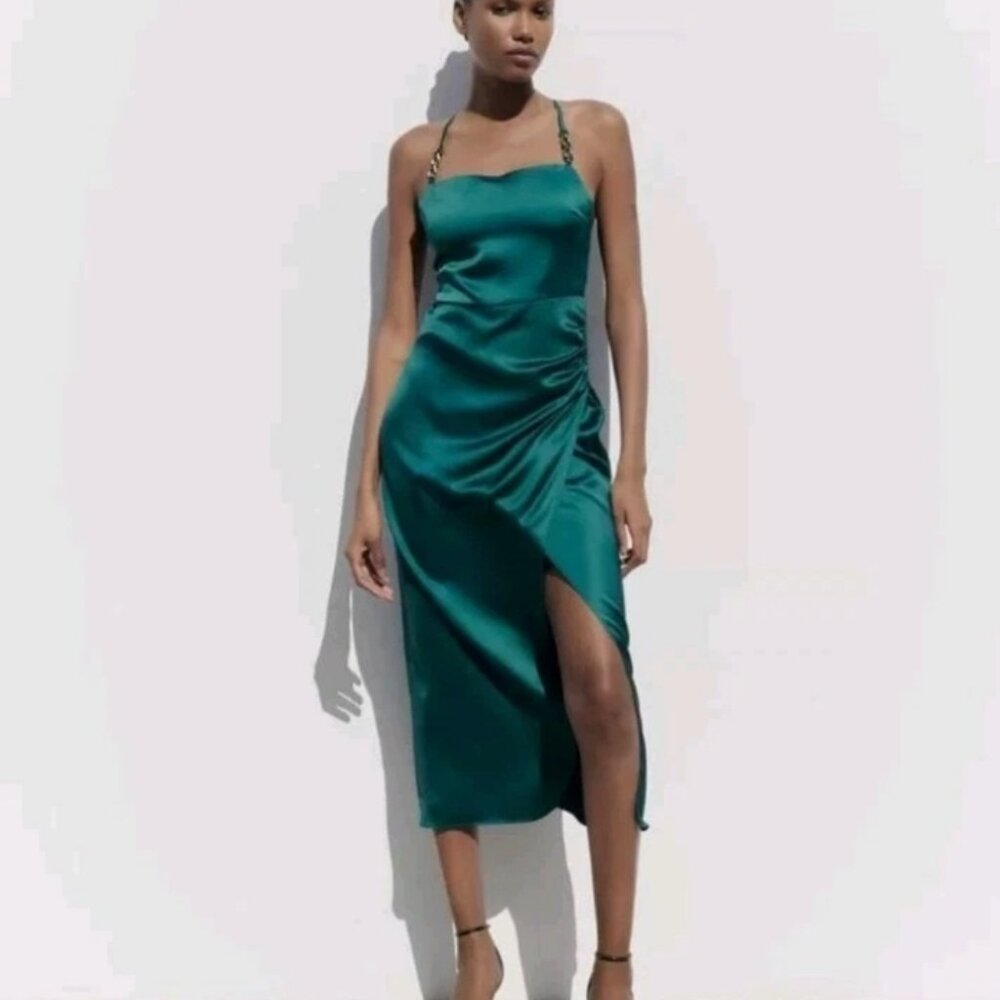 Zara Emerald Green Satin Slip Midi Dress Size Small Nwot